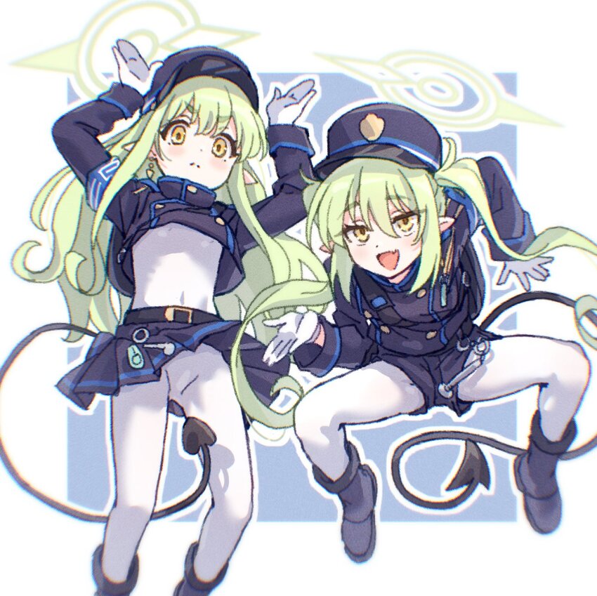 2girls, armband, black_tail, blue_archive, blue_armband, bodysuit, bodysuit_under_clothes, buttons, commentary_request, demon_girl, demon_tail, double-breasted, gloves, green_hair, halo, hat, highres, hikari_(blue_archive), inset_border, jumping, karahai_(31448823), light_blush, long_hair, looking_at_viewer, meme, multiple_girls, nozomi_(blue_archive), pantyhose, peaked_cap, pleated_skirt, pointy_ears, short_shorts, shorts, siblings, sisters, skirt, tail, train_conductor, twins, twintails, wavy_hair, white_bodysuit, white_gloves, white_pantyhose, yellow_eyes, youkai_gyaru_(meme)