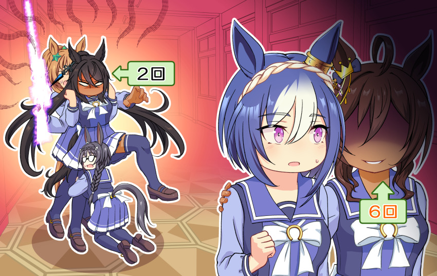 5girls, ahoge, angry, animal_ears, black_hair, blank_eyes, blue_hair, bow