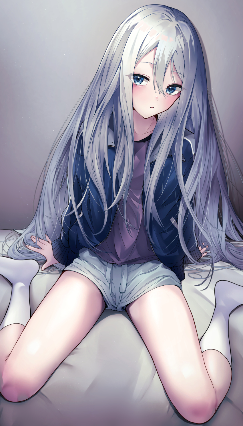 1girl, absurdres, bed_sheet, blue_eyes, blue_jacket, collarbone, commentary, grey_hair