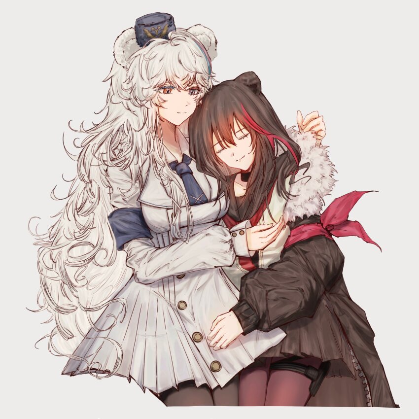 2girls, animal_ears, arknights, armband, bear_ears, bear_girl, blue_armband, blue_hat