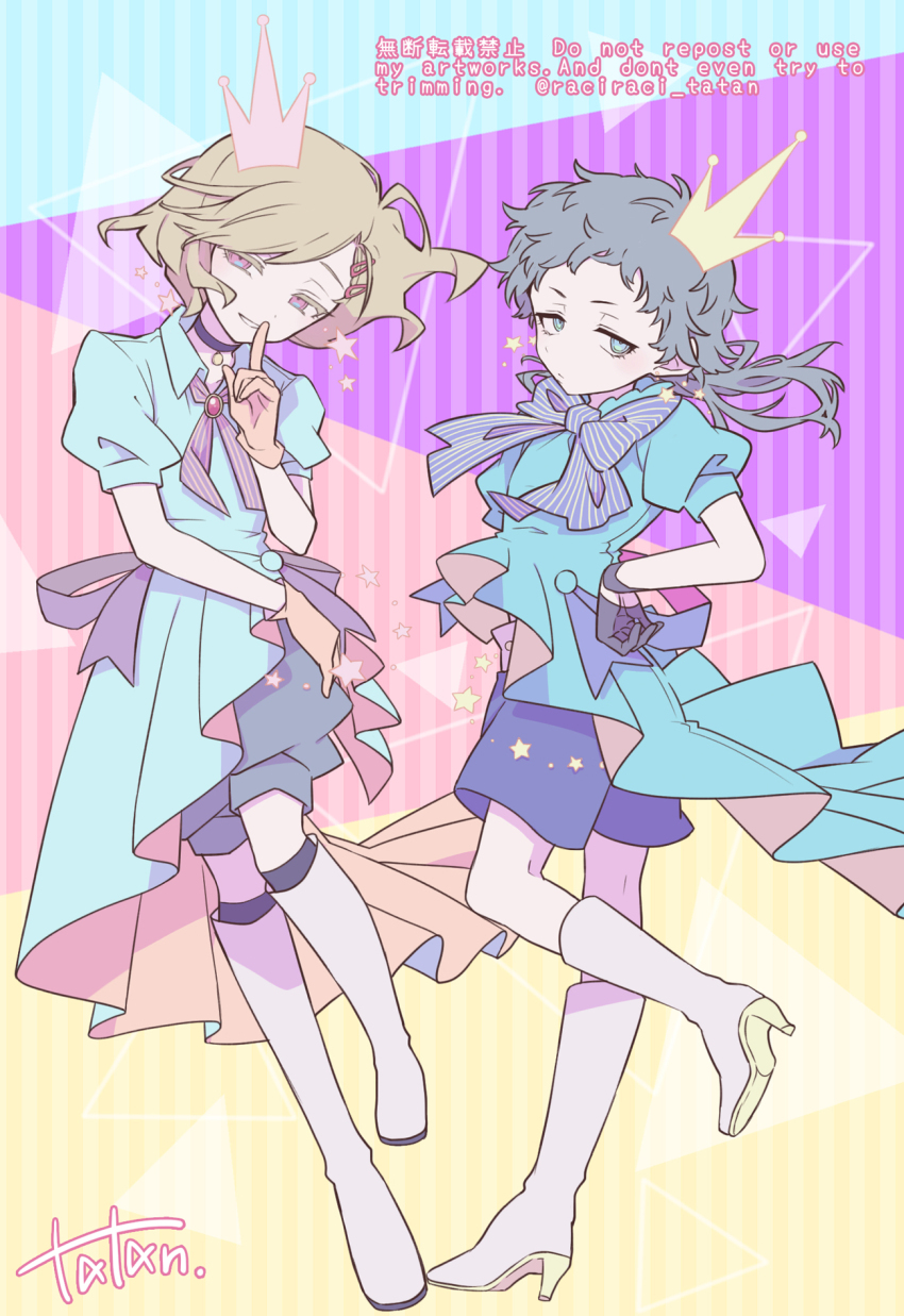 1other, 2others, alternate_costume, androgynous, antenna_hair, blonde_hair, bow, crown