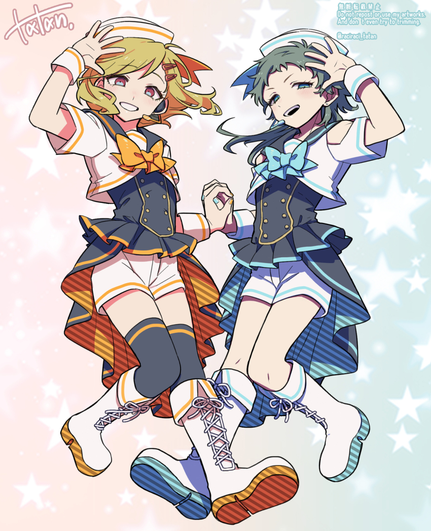 1other, 2others, alternate_costume, androgynous, antenna_hair, blonde_hair, bow, full_body