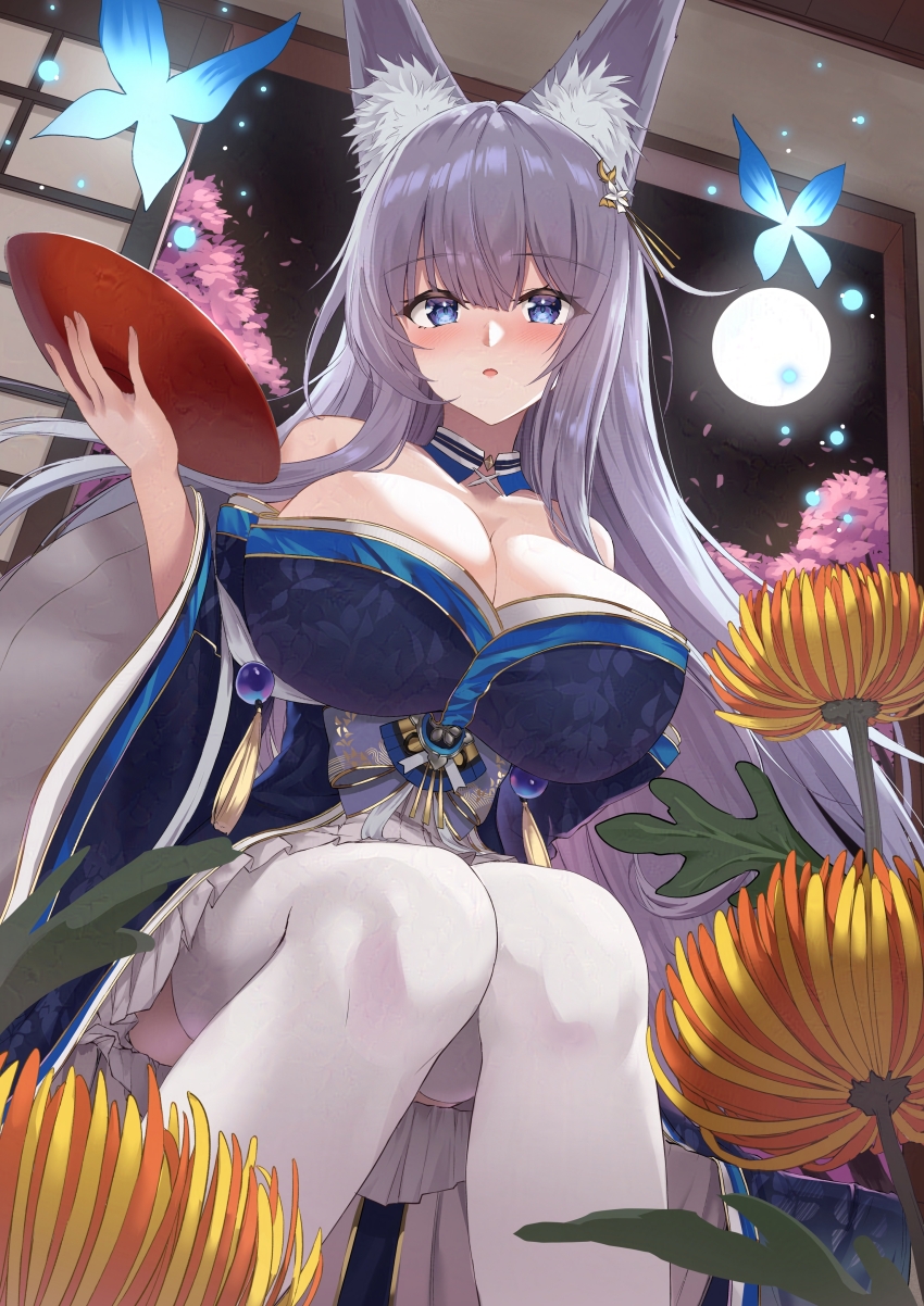 1girl, absurdres, adversarial_noise, animal_ear_fluff, animal_ears, azur_lane, bare_shoulders, blue_butterfly