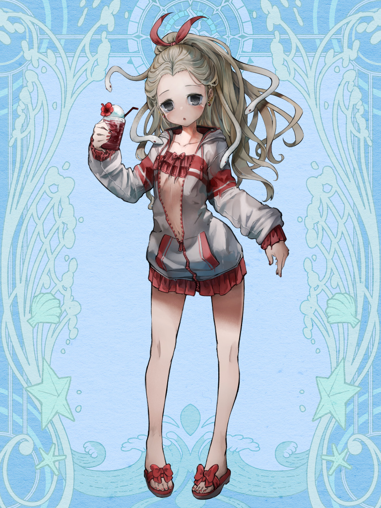 1girl, bikini, blue_background, blush, bow, cup, dairoku_ryouhei, disposable_cup, drink, drinking_straw, earrings, flower, frilled_bikini, frills, full_body, grey_eyes, holding, holding_cup, jacket, jewelry, kajaneko, long_hair, long_sleeves, multicolored_jacket, navel, open_clothes, open_jacket, red_bow, red_skirt, sandals, skirt, snake_hair, standing, swimsuit, two-tone_jacket, virginia_luxuria, zipper