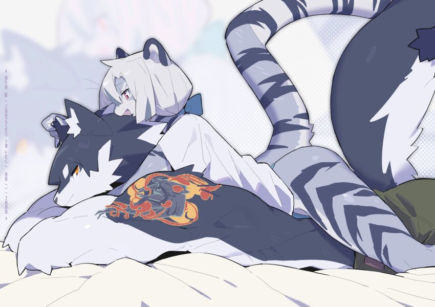 1boy, 1girl, absurdres, animal_ear_fluff, animal_ears, arm_tattoo, artist_name, bed_sheet