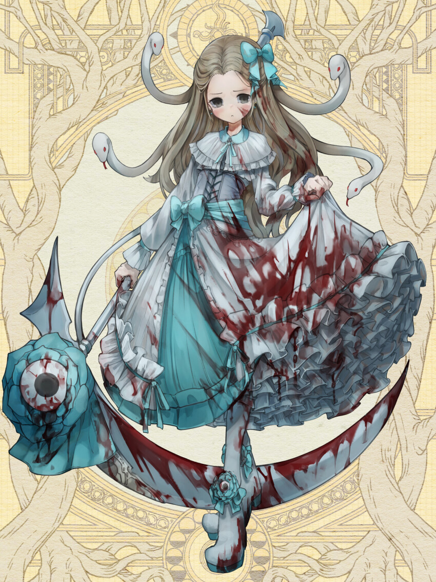 1girl, aqua_bow, blood, blood_in_hair, blood_on_clothes, blood_on_face, blood_on_shoes, bloody_clothes