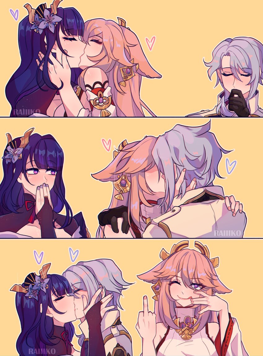 1boy, 2girls, :q, \||/, absurdres, animal_ears, armor, artist_name