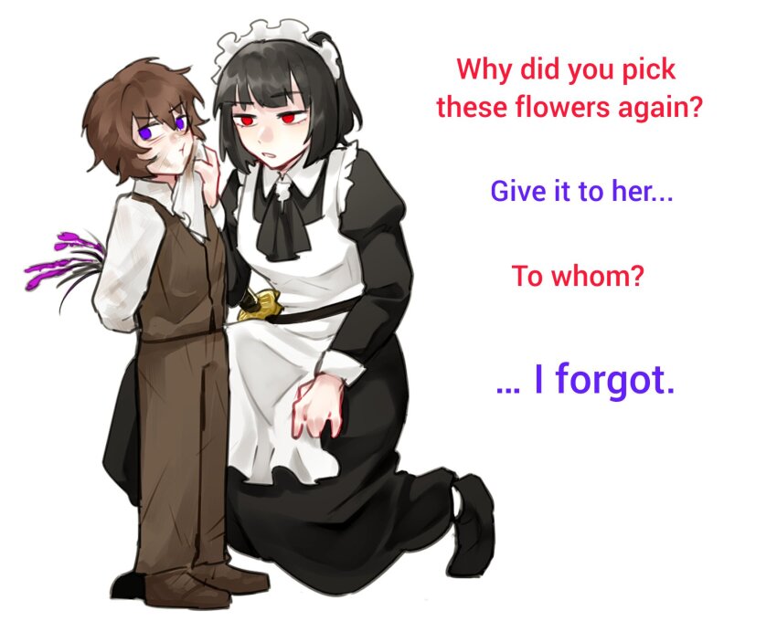 1boy, 1girl, aged_down, apron, ascot, black_ascot, black_dress, black_footwear, black_hair, bob_cut, brown_footwear, brown_hair, brown_pants, brown_vest, collared_shirt, dark-skinned_male, dark_skin, dirty, dirty_face, dress, english_text, flower, frills, goawat, heathcliff_(project_moon), highres, limbus_company, long_dress, maid, maid_apron, maid_headdress, messy_hair, ootachi, pants, ponytail, project_moon, purple_eyes, purple_flower, red_eyes, ryoshu_(project_moon), shirt, short_hair, sidelocks, vest, white_shirt