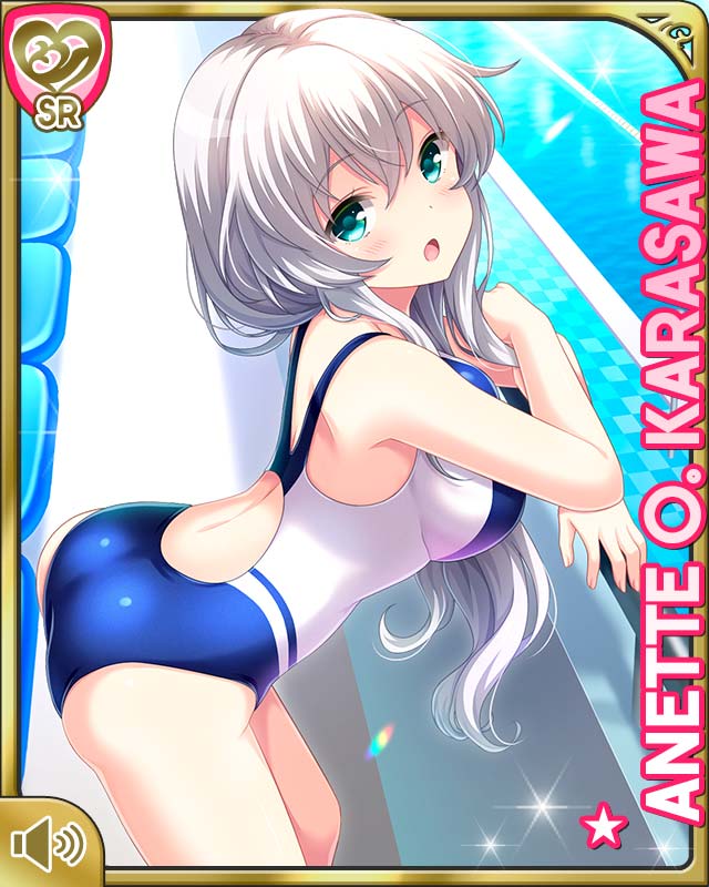 1girl, :o, against_railing, anette_olga_karasawa, blue_eyes, blue_one-piece_swimsuit, card_(medium), day