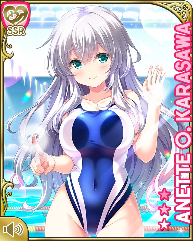 1girl, against_glass, anette_olga_karasawa, blue_eyes, blue_one-piece_swimsuit, breast_press, breasts_on_glass, card_(medium)