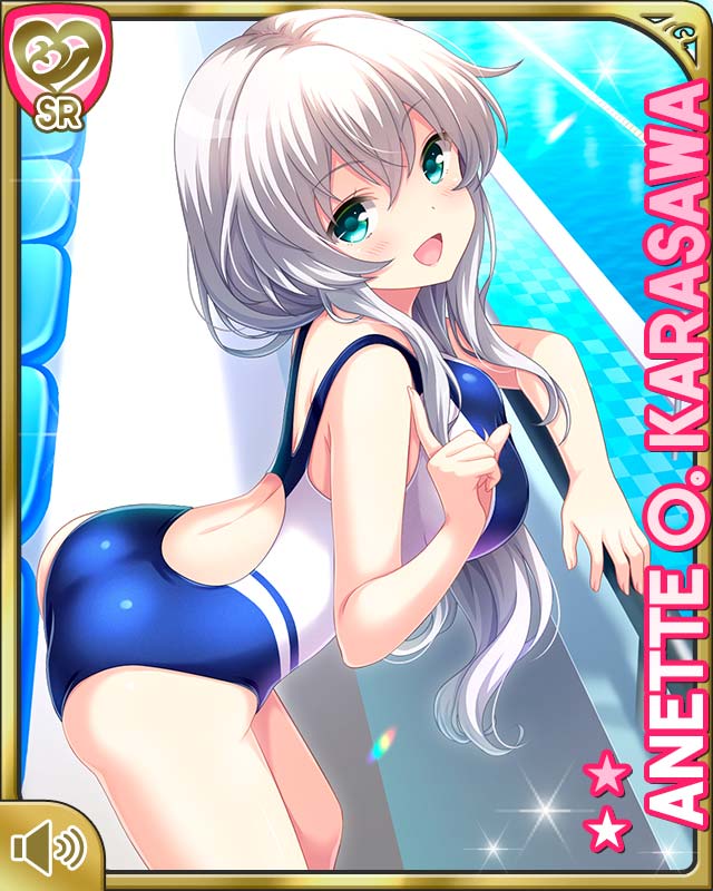 1girl, :d, against_railing, anette_olga_karasawa, ass, blue_eyes, blue_one-piece_swimsuit, breasts