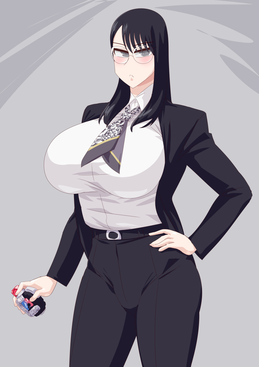 1girl, absurdres, bakuage_sentai_boonboomger, black_hair, blouse, glasses, grey_eyes, highres, necktie, otokamu, pants, saibu_shirabe, shirt, solo, super_sentai
