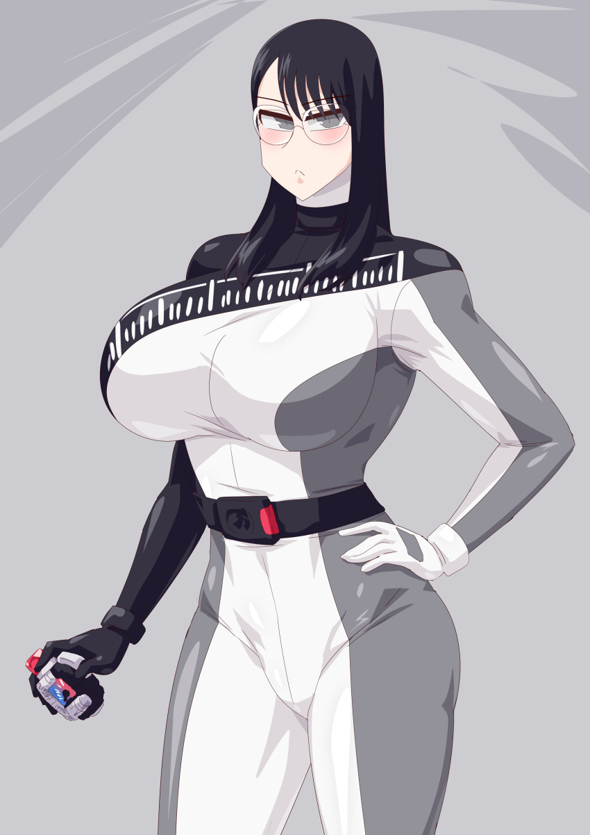 1girl, absurdres, bakuage_sentai_boonboomger, black_hair, bodysuit, glasses, grey_eyes, highres, missing_headwear, otokamu, saibu, saibu_shirabe, shirabe, solo, super_sentai