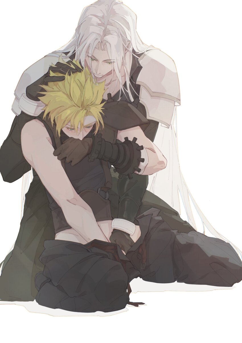 2boys, armor, black_shirt, blonde_hair, blue_eyes, cloud_strife, final_fantasy, final_fantasy_vii, final_fantasy_vii_remake, final_fantasy_xiv, gloves, green_eyes, grey_hair, hand_in_another's_hair, hand_in_pants, highres, long_bangs, long_hair, male_focus, mgt_85363, multiple_boys, open_fly, sephiroth, shirt, short_hair, shoulder_armor, spiked_hair, white_background, yaoi