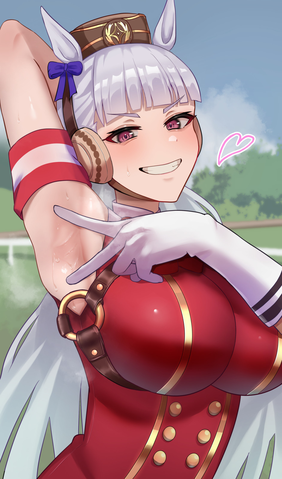1girl, animal_ears, arm_up, armpits, blue_bow, blue_sky, blunt_bangs, bow, bowtie, clenched_hand, closed_mouth, commentary_request, dress, ear_bow, from_below, gloves, gold_ship_(red_strife)_(umamusume), gold_ship_(umamusume), grey_hair, grin, heart, highres, horse_ears, horse_girl, hukahire113, long_hair, pillbox_hat, presenting_armpit, purple_eyes, red_bow, red_bowtie, red_dress, sky, sleeveless, sleeveless_dress, smile, solo, spread_armpit, umamusume, white_gloves
