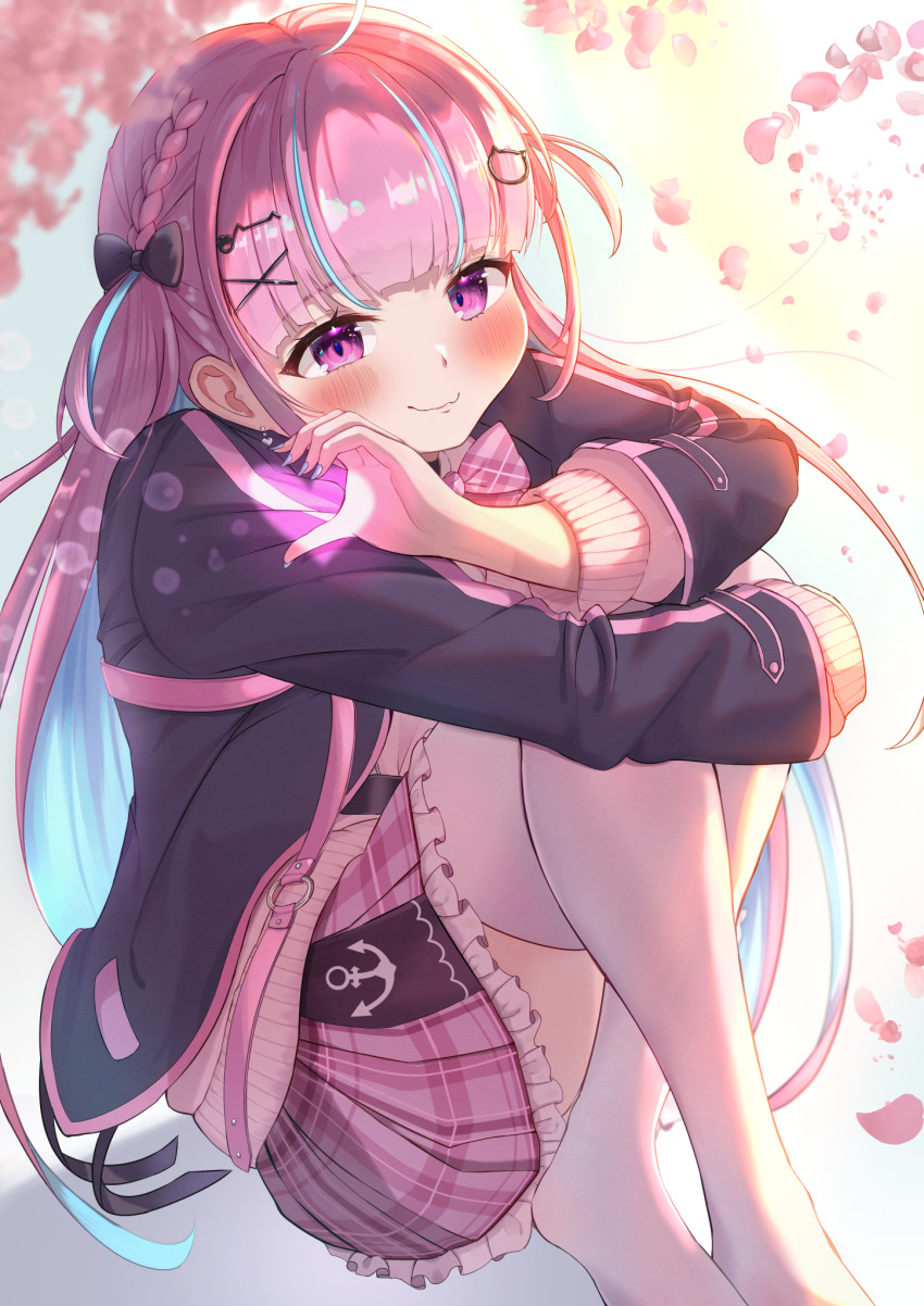 1girl, ahoge, black_bow, black_jacket, blue_hair, blue_nails, blush, bow