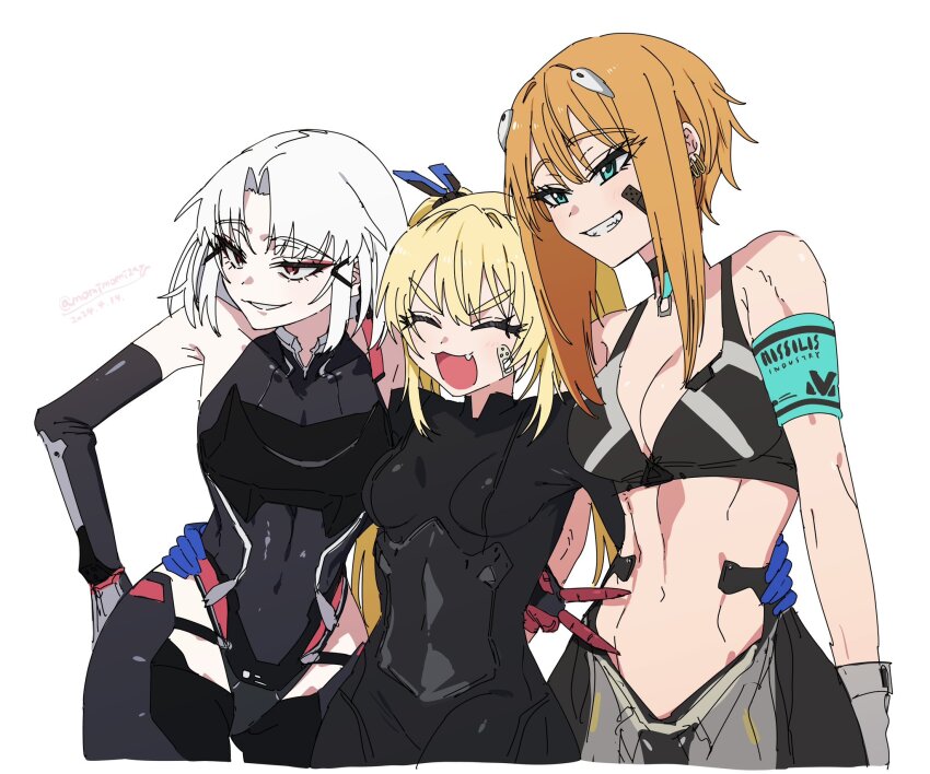 3girls, :3, aqua_armband, armband, armored_gloves, armpit_crease, bandaid, bandaid_on_cheek, bandaid_on_face, bare_shoulders, black_bodysuit, black_choker, black_gloves, black_leotard, black_sports_bra, black_thighhighs, blonde_hair, blue_eyes, bodysuit, breasts, choker, cleavage, closed_eyes, collarbone, commentary_request, cowboy_shot, drake_(nikke), ear_piercing, earrings, elbow_gloves, fang, gloves, goddess_of_victory:_nikke, grey_gloves, grin, hair_between_eyes, hair_ornament, hairclip, hand_on_another's_hip, headgear, highleg, highleg_leotard, highres, jewelry, laplace_(nikke), leotard, long_hair, matis_(nikke), maxwell_(mechanic_white)_(nikke), maxwell_(nikke), medium_breasts, midriff, multiple_girls, multiple_piercings, navel, nikumanman, open_mouth, parted_bangs, parted_lips, piercing, red_eyes, short_hair, short_hair_with_long_locks, sidelocks, simple_background, small_breasts, smile, sports_bra, standing, teeth, thighhighs, twintails, twitter_username, two-tone_gloves, v, white_background, white_hair