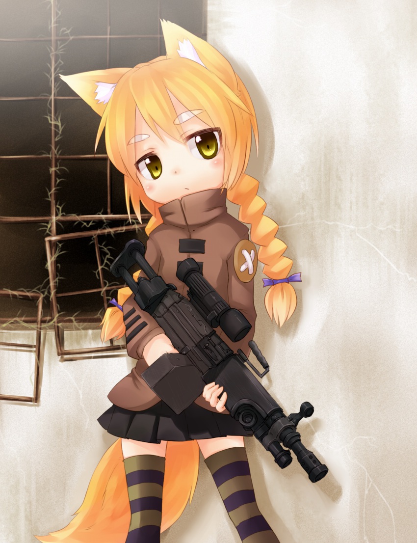 1girl, animal_ears, blonde_hair, blush, female_focus, fox_ears, fox_tail, gun, highres, kurukuru_(artist), machine_gun, original, saw, skirt, solo, striped_clothes, striped_thighhighs, tail, thighhighs, ueno_musashi, weapon, window, yellow_eyes, zettai_ryouiki