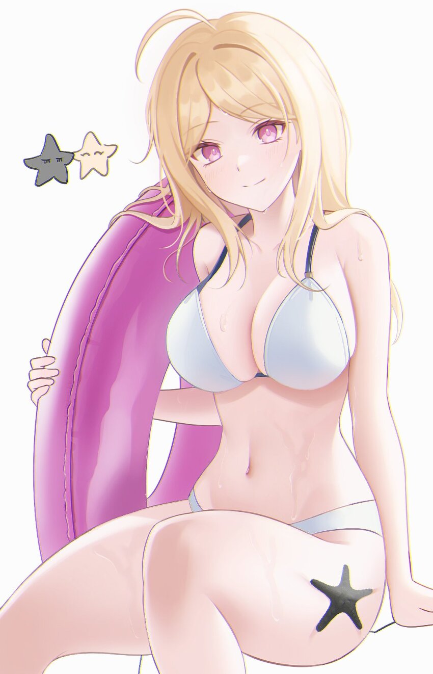 1girl, ahoge, akamatsu_kaede, alternate_costume, bikini, blonde_hair, breasts, danganronpa_(series)