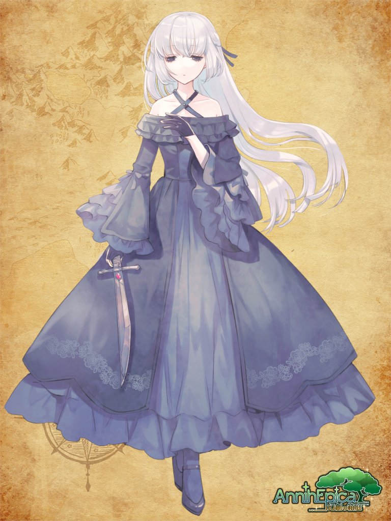 1girl, :|, annih_epica, bare_shoulders, bell_sleeves, black_dress, black_eyes, black_gloves, black_ribbon, black_shoes, black_socks, clona, closed_mouth, copyright_name, criss-cross_halter, crossed_bangs, dagger, dress, expressionless, floral_print, frilled_dress, frilled_sleeves, frills, full_body, gloves, hair_ribbon, half-closed_eyes, halter_dress, halterneck, hand_on_own_chest, holding, holding_dagger, holding_knife, holding_weapon, knife, long_dress, long_hair, looking_at_viewer, mary_janes, off-shoulder_dress, off_shoulder, ribbon, shoes, simple_background, socks, solo, standing, straight-on, weapon, white_hair, yellow_background