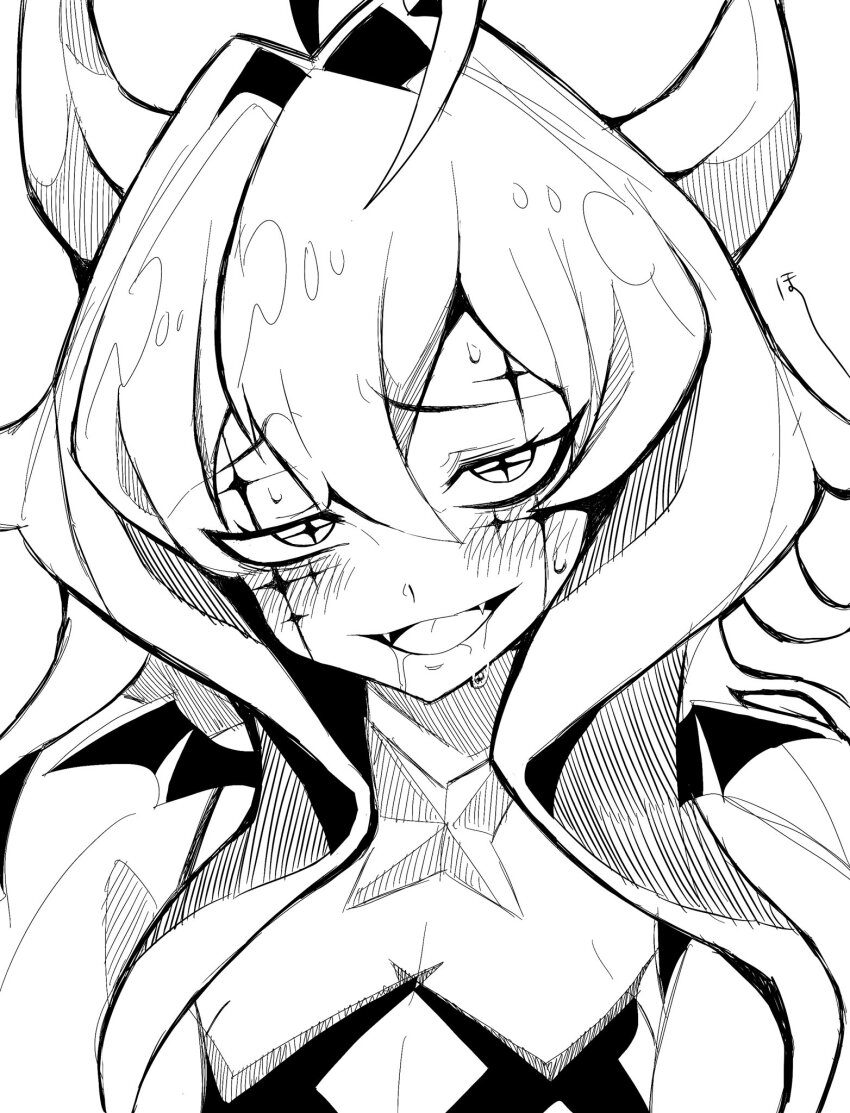 1girl, ahoge, blush, cross-shaped_pupils, demon_horns, facial_tattoo, fangs, greyscale, hair_between_eyes, heart, heart_ahoge, highres, hiiragi_utena, horns, konimomo01, long_hair, looking_at_viewer, magia_baiser, magia_baiser_(la_verita), mahou_shoujo_ni_akogarete, monochrome, open_mouth, saliva, saliva_trail, shrug_(clothing), solo, sweat, symbol-shaped_pupils, tattoo, upper_body