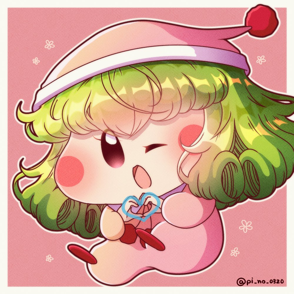 1girl, blush_stickers, commentary_request, green_hair, hat, heart, heart_hands, long_hair