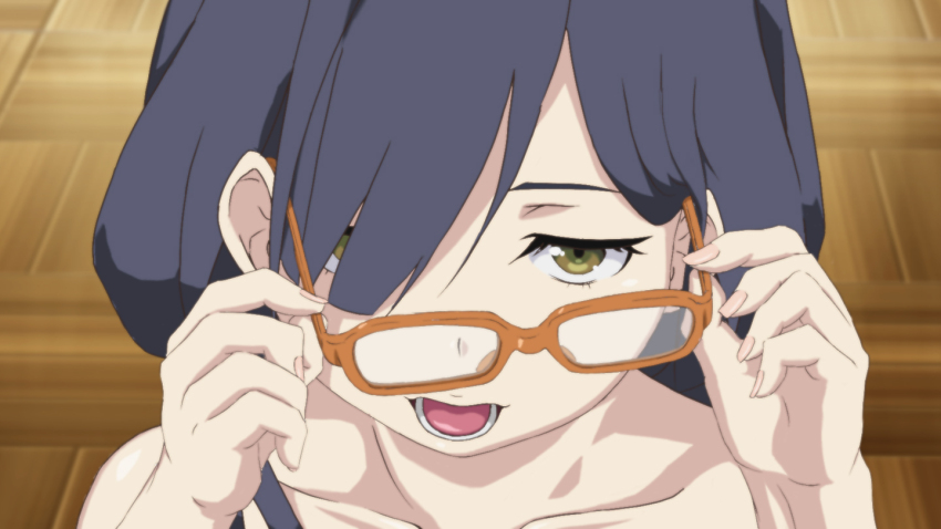1girl, anime-gataris, bare_shoulders, black_hair, collarbone, depa_mi, from_above, glasses, green_eyes, hair_over_one_eye, half-closed_eyes, indoors, kouenji_miko, long_hair, looking_at_viewer, looking_over_eyewear, looking_up, nail_polish, open_mouth, orange-framed_eyewear, rectangular_eyewear, removing_eyewear, tongue