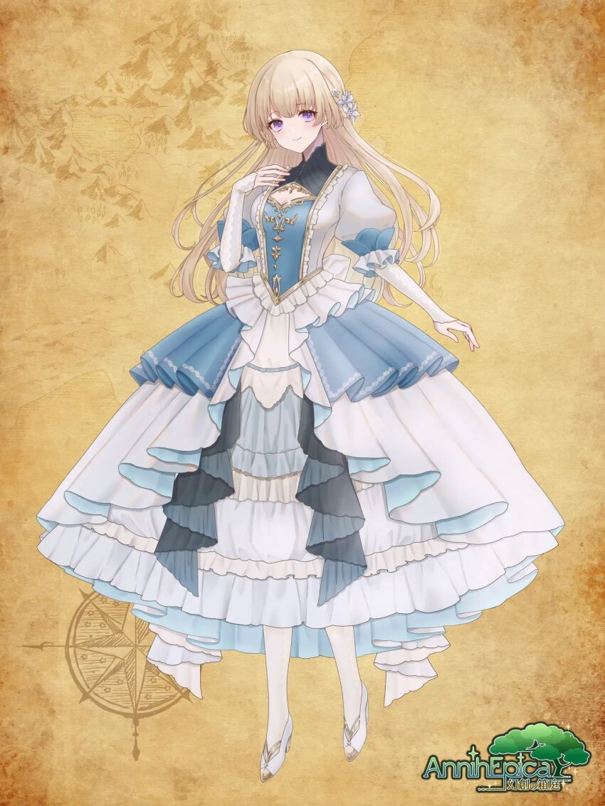 1girl, annih_epica, arm_at_side, back_bow, blonde_hair, blue_dress, bow, breasts, cleavage_cutout, closed_mouth, clothing_cutout, copyright_name, dress, flower, frilled_dress, frilled_sleeves, frills, full_body, gold_trim, hair_between_eyes, hair_flower, hair_ornament, hand_up, high_heels, highres, layered_dress, layered_sleeves, light_blush, long_hair, long_sleeves, looking_at_viewer, medium_breasts, medium_dress, multicolored_dress, pantyhose, puffy_short_sleeves, puffy_sleeves, purple_eyes, se00tu, short_over_long_sleeves, short_sleeves, simple_background, smile, solo, standing, white_bow, white_dress, white_footwear, white_pantyhose, wispy_bangs, yellow_background