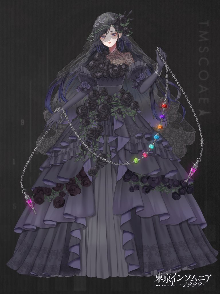 1girl, alpaca_connect, black_background, black_dress, black_flower, black_gloves, black_hair, black_rose, black_veil, chain, closed_mouth, colored_tips, copyright_name, dress, dress_flower, elbow_gloves, eyeshadow, flower, full_body, gloves, gown, hair_flower, hair_ornament, hand_up, holding, holding_chain, lace, lace_sleeves, layered_dress, leaf, lipstick, looking_at_viewer, makeup, multicolored_hair, pendulum, purple_eyes, purple_hair, red_eyeshadow, red_lips, rose, se00tu, single-shoulder_dress, smile, solo, standing, swept_bangs, veil, veil_over_eyes