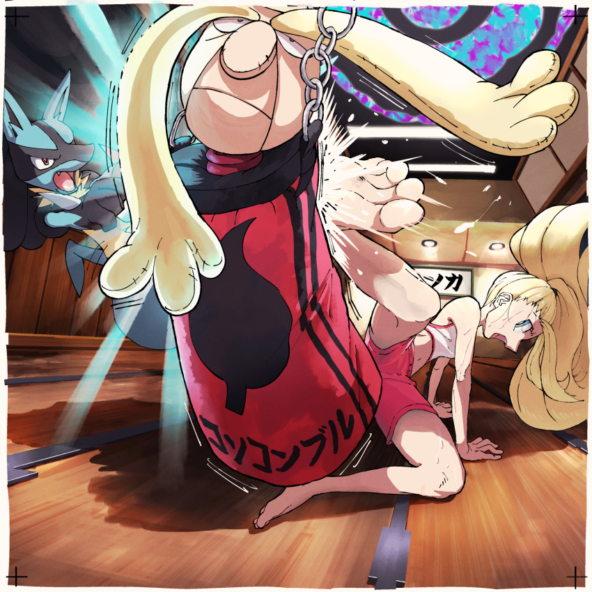 1girl, alternate_costume, barefoot, blonde_hair, blue_eyes, border, bright_pupils, chain, commentary_request, floating_hair, gen_4_pokemon, gurkinn_(pokemon), highres, how_long, indoors, kicking, korrina_(pokemon), long_hair, lucario, nintendo, open_mouth, pink_shorts, pokemon, pokemon_(creature), pokemon_x_and_y, punching_bag, shirt, shorts, sleeveless, sleeveless_shirt, toes, tongue, white_border, white_pupils, white_shirt, wooden_floor