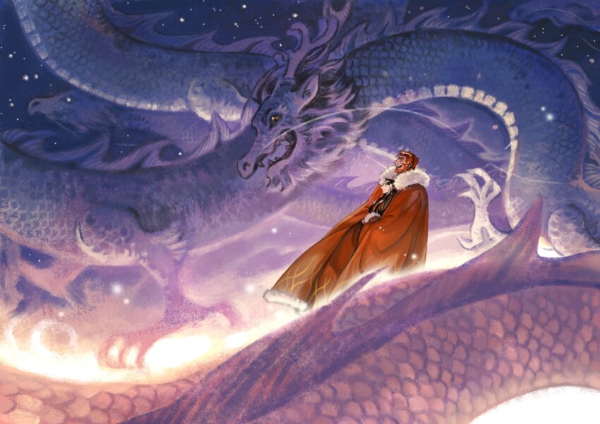 2boys, absurdres, beard, blurry, chinese_zodiac, couple, depth_of_field, dragon