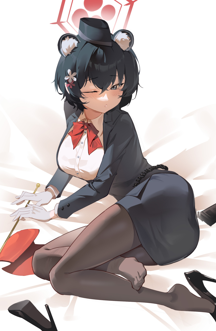 1girl, absurdres, animal_ears, bed_sheet, black_eyes, black_hair, black_hat, black_jacket