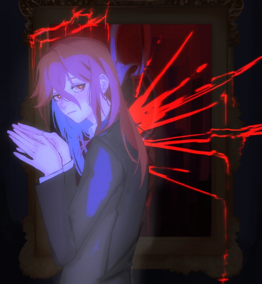 1boy, angel_devil_(chainsaw_man), bishounen, brown_eyes, brown_hair, chainsaw_man, closed_mouth, commentary, dark_background, expressionless, eyelashes, from_side, futo_(tofuutoufofuto), hair_between_eyes, halo, highres, long_hair, long_sleeves, looking_at_viewer, male_focus, own_hands_together, paint_splatter, picture_frame, red_halo, solo, upper_body