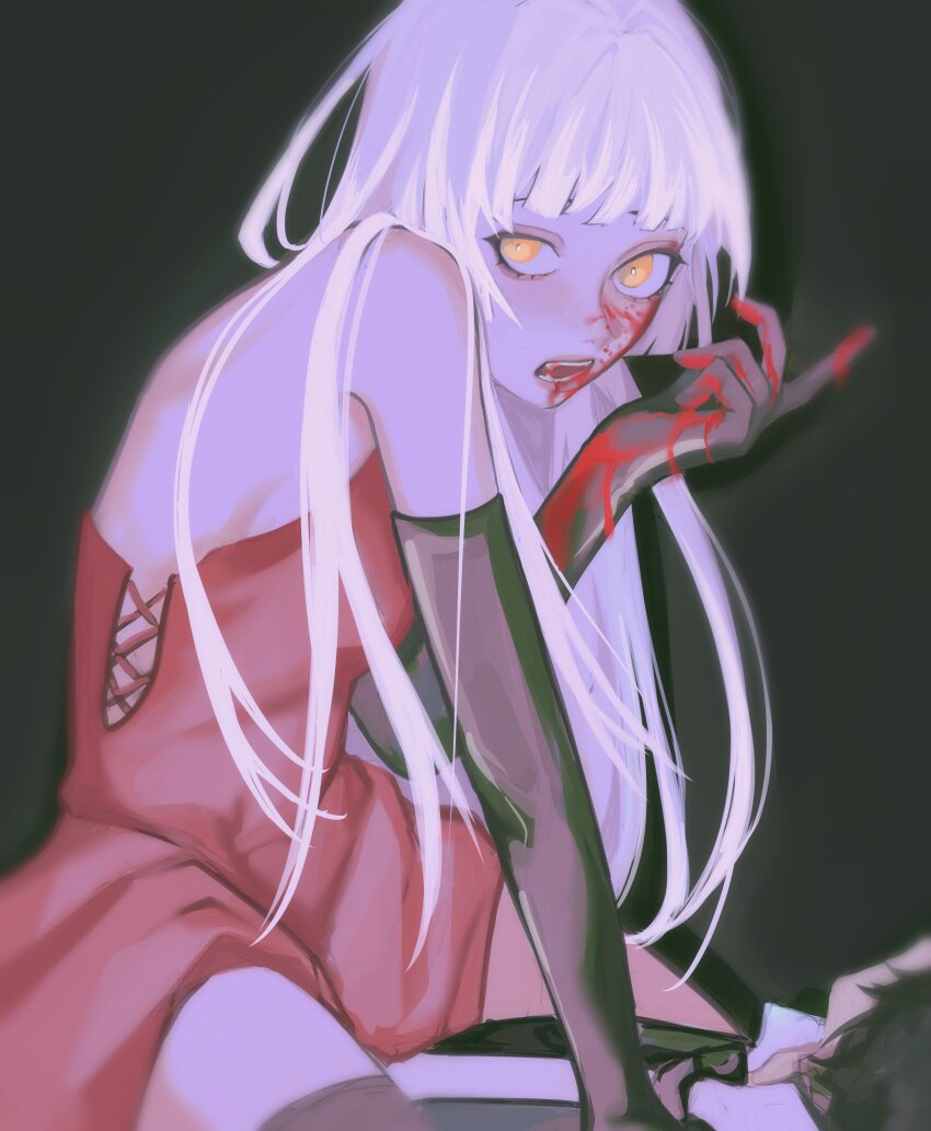 1boy, 1girl, absurdres, backless_dress, backless_outfit, bare_shoulders, black_background, black_gloves, black_hair, black_thighhighs, blood, blood_on_face, blood_on_hands, blunt_bangs, commentary, dress, elbow_gloves, eyelashes, eyeshadow, from_side, futo_(tofuutoufofuto), gloves, glowing, glowing_eyes, highres, long_hair, looking_at_viewer, makeup, open_mouth, original, pink_eyeshadow, red_dress, short_hair, sitting, sitting_on_person, sleeveless, sleeveless_dress, thighhighs, vampire, white_hair, yellow_eyes
