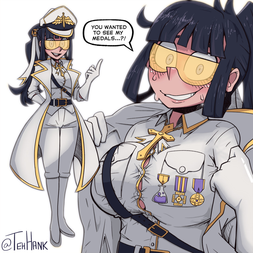 1girl, adjusting_clothes, ahoge, alternate_costume, alternate_eye_color, alternate_hair_color, alternate_hair_length, alternate_hairstyle, arm_behind_back, artist_name, azazel_(helltaker), belt, belt_buckle, black_belt, black_hair, blue_eyes, blunt_ends, blush, boots, breast_pocket, breasts, buckle, button_gap, coat, collared_shirt, commentary, constricted_pupils, cross, cross_necklace, dress_shirt, embarrassed, english_commentary, english_text, grin, hair_ribbon, hand_up, hat, helltaker, high_ponytail, highres, index_finger_raised, jewelry, knee_boots, large_breasts, long_coat, long_hair, looking_at_viewer, loremaster_(helltaker), medal, military_uniform, multiple_views, necklace, nervous, nervous_sweating, nose_blush, open_clothes, open_coat, open_mouth, pants, peaked_cap, pocket, pointing, pointing_up, ponytail, ribbon, shirt, sidelocks, signature, simple_background, smile, solo_focus, speech_bubble, strap, sunglasses, sweat, teeth, tehhank, tinted_eyewear, twitter_username, undersized_clothes, upper_body, upper_teeth_only, white_background, white_coat, white_footwear, white_pants, white_ribbon, white_shirt, wrap-around_shades, yellow-tinted_eyewear