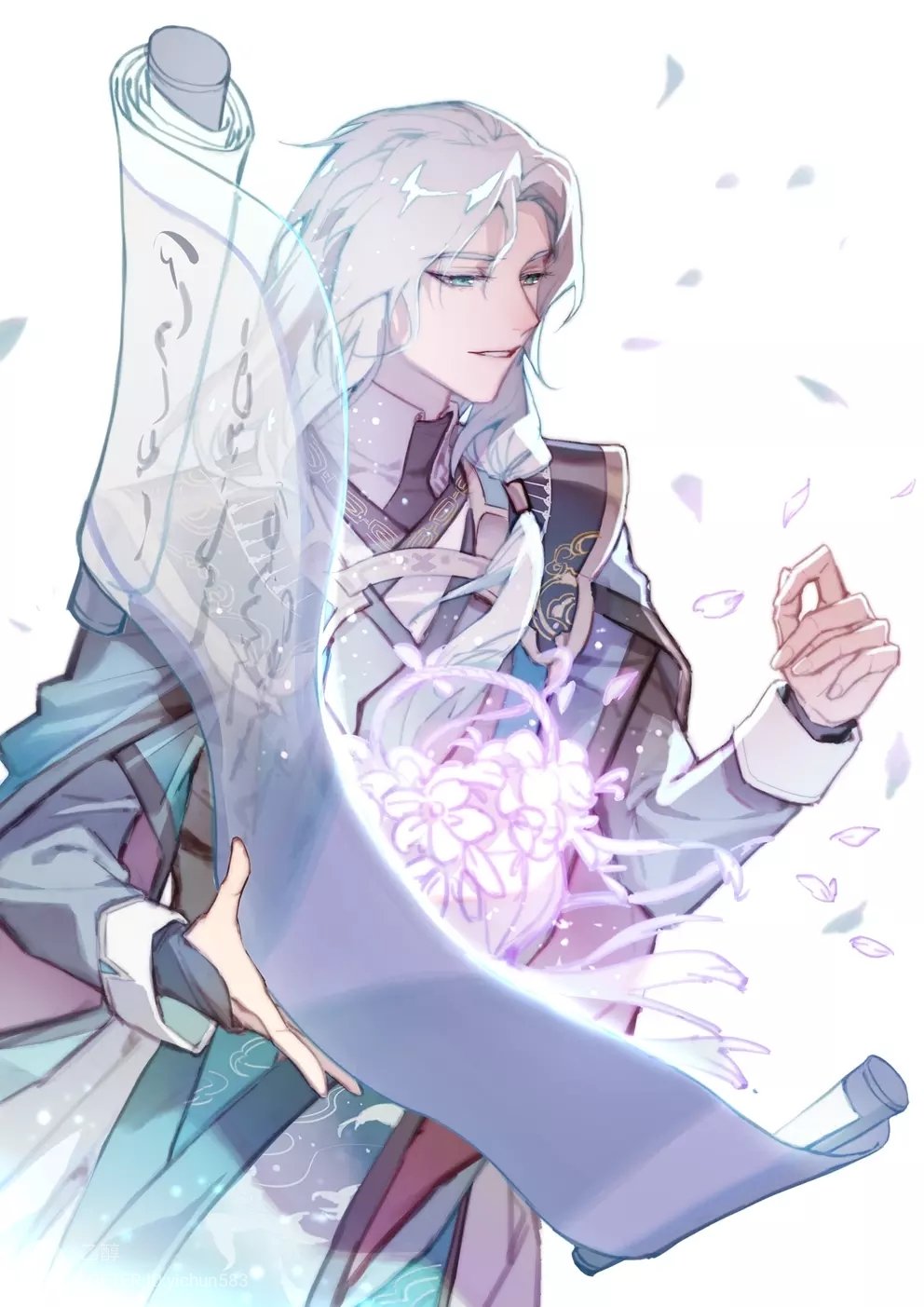 1boy, basket, black_coat, chinese_clothes, cloud_print, coat, cowboy_shot, eight_immortals_(the_tale_of_food)