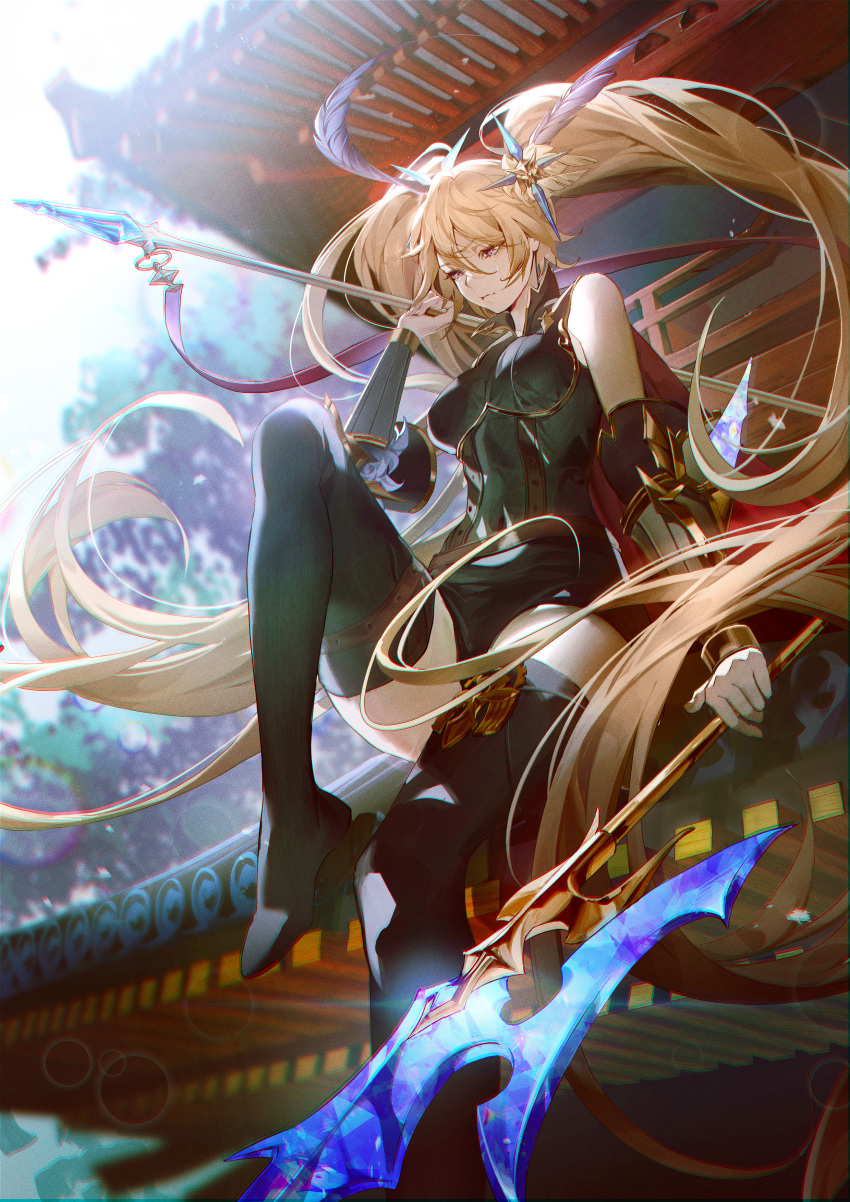 1girl, absurdres, architecture, arm_guards, black_dress, black_thighhighs, blonde_hair, blurry