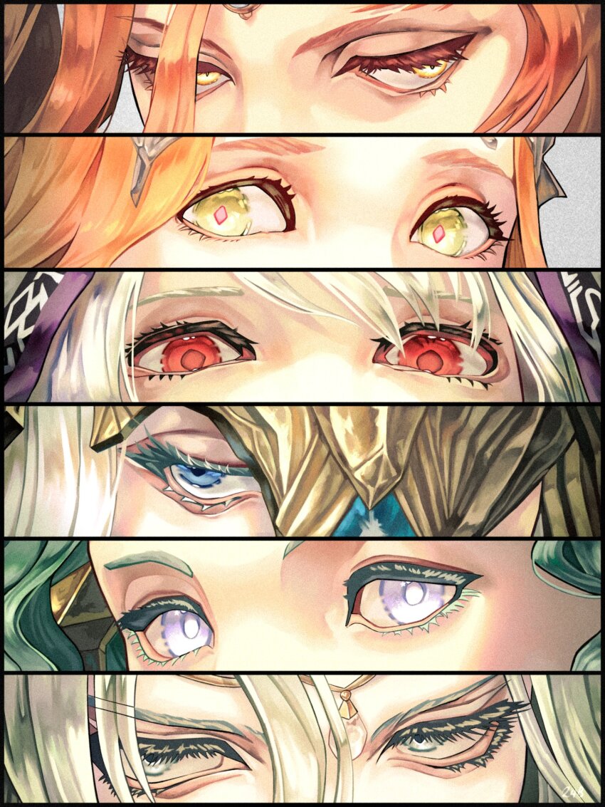 6+girls, azeyma, bimel_isabella, black_border, blue_eyes, blue_hair, border, bright_pupils