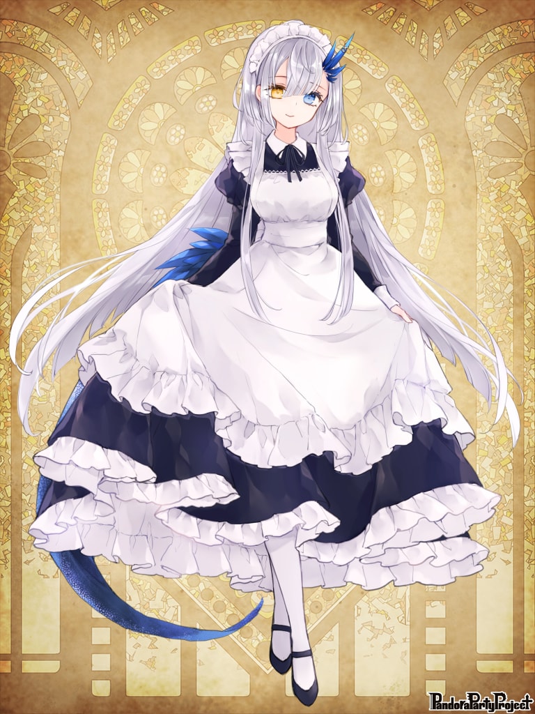 1girl, apron, black_dress, black_ribbon, black_shoes, blue_eyes, blue_horns, blunt_bangs, breasts, closed_mouth, collared_dress, copyright_name, crossed_legs, double-parted_bangs, dragon_girl, dragon_horns, dragon_tail, dress, frilled_apron, frilled_dress, frills, full_body, hair_between_eyes, heterochromia, holding_own_dress, horn_ornament, horns, juliet_sleeves, long_hair, long_sleeves, looking_at_viewer, maid, maid_apron, maid_headdress, mary_janes, medium_breasts, medium_dress, natsu_nts, neck_ribbon, pandora_party_project, pantyhose, puffy_sleeves, ribbon, shoes, sidelocks, single_horn, sleeve_cuffs, smile, solo, standing, tail, very_long_hair, watson_cross, white_apron, white_hair, white_pantyhose, yellow_background, yellow_eyes