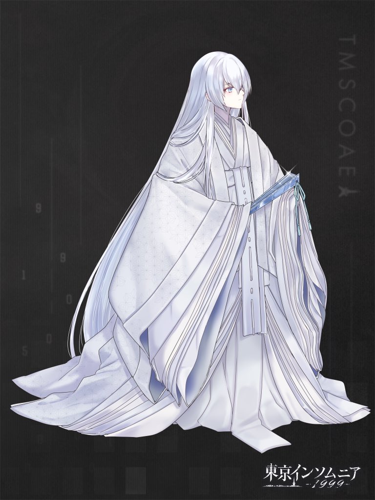 1girl, alpaca_connect, androgynous, black_background, blue_eyes, closed_mouth, coat, copyright_name