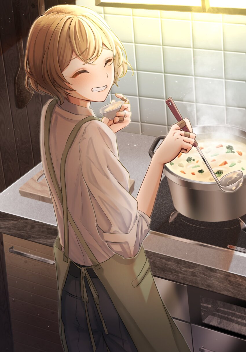 absurdres, apron, bandaged_fingers, bandages, black_pants, blonde_hair, cooking, cutting_board