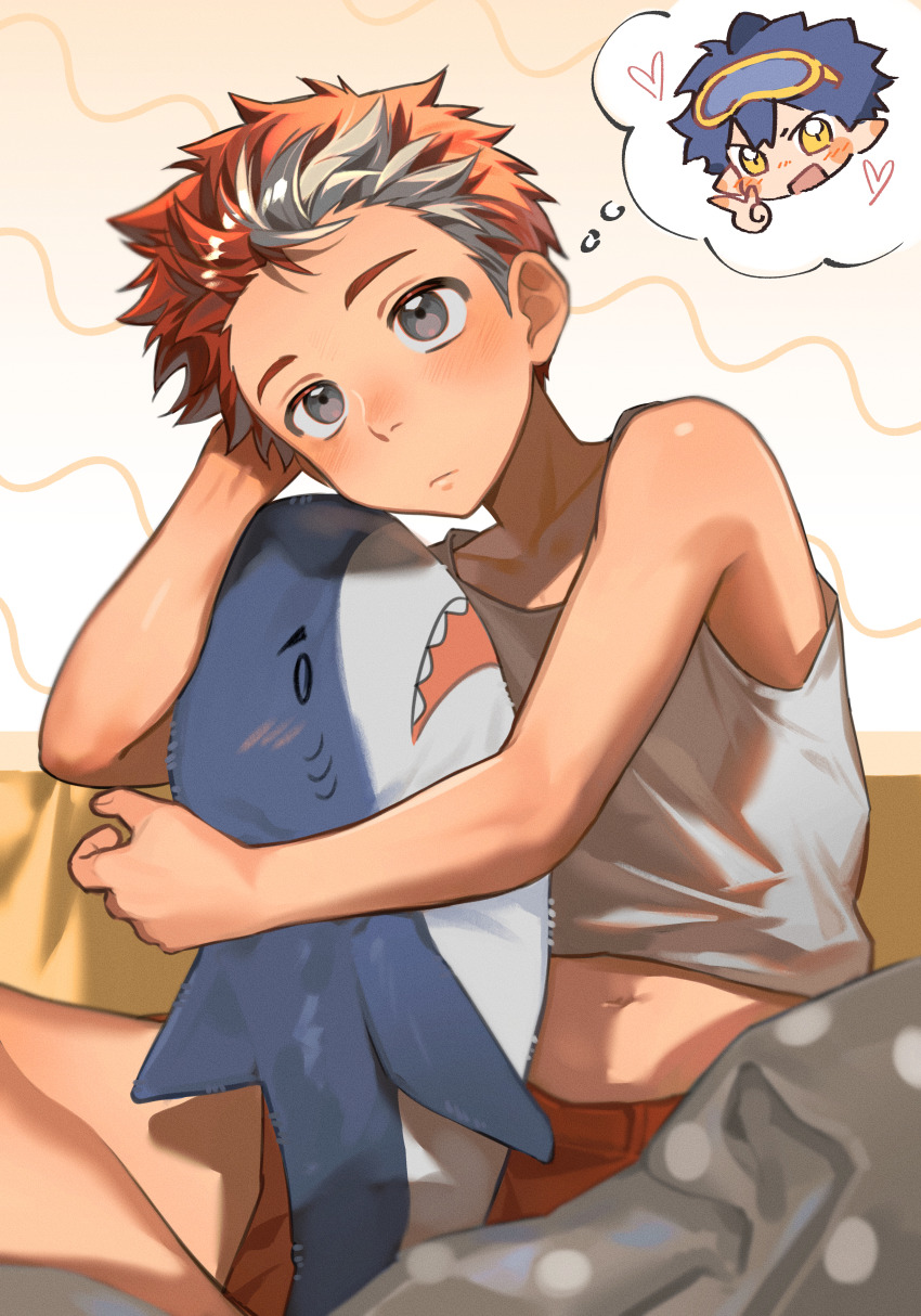 1boy, absurdres, dongju_azuma, grey_eyes, grey_hair, highres, male_focus, multicolored_hair, navel, original, pectoral_cleavage, pectorals, red_hair, shark, short_shorts, shorts, shota, sitting, solo, stuffed_animal, stuffed_toy, tank_top