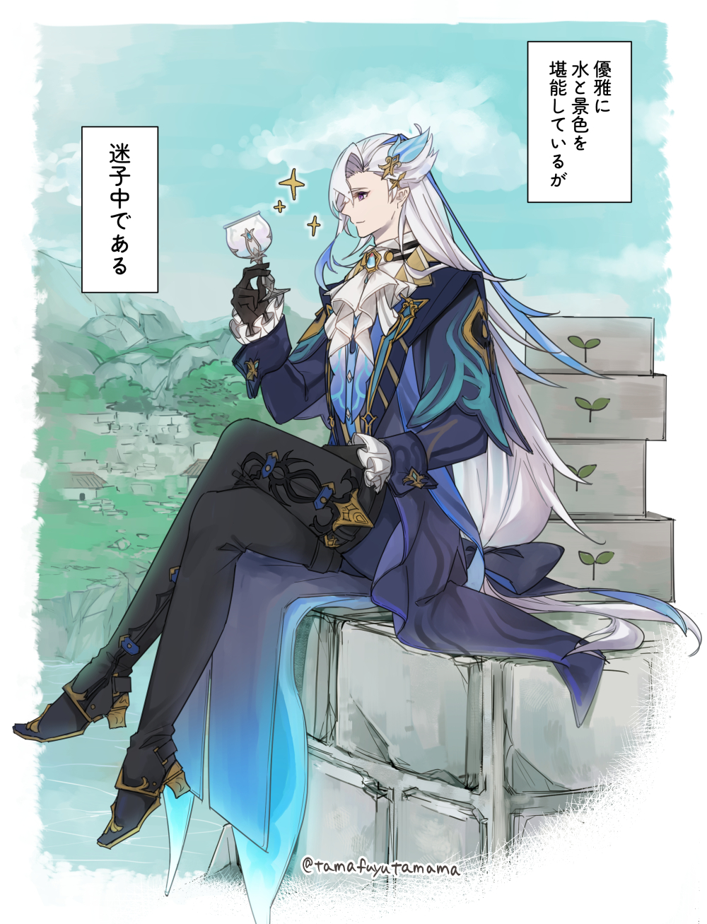 1boy, artist_name, ascot, asymmetrical_bangs, black_boots, black_bow, black_gloves, blue_coat