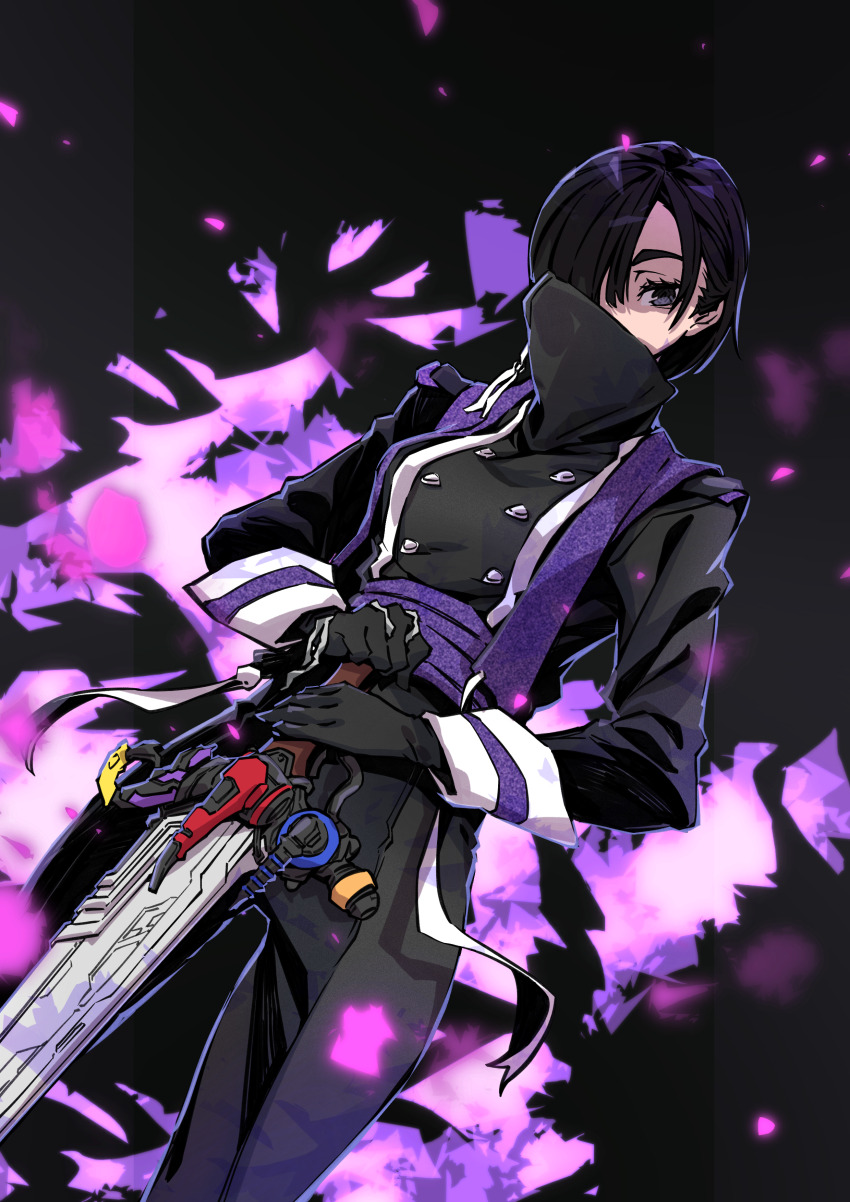 1girl, absurdres, black_background, black_coat, black_hair, coat, cowboy_shot, from_below