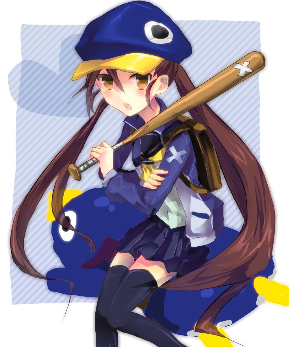 1girl, backpack, bad_id, bad_pixiv_id, bag, baseball_bat, blue_hat, brown_eyes, brown_hair, disgaea, female_focus, hat, heart, highres, jacket, kazamatsuri_fuuka, long_hair, machimori, makai_senki_disgaea_4, nippon_ichi, open_clothes, open_jacket, prinny, randoseru, school_uniform, serafuku, skirt, solo, thighhighs, twintails, zettai_ryouiki