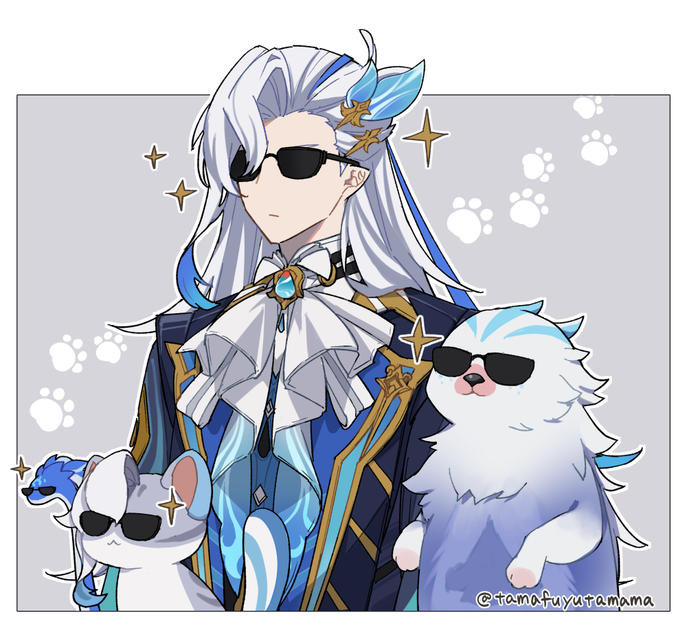 1boy, :3, artist_name, ascot, asymmetrical_bangs, blue_coat, blue_gem, blue_hair, border, brooch, cat, closed_mouth, coat, commentary_request, expressionless, gem, genshin_impact, gold_trim, grey_background, hair_between_eyes, hair_ornament, jewelry, lapels, leisurely_otter_(genshin_impact), long_hair, male_focus, multicolored_hair, neuvillette_(genshin_impact), otter, outline, outside_border, parted_bangs, paw_print, pointy_ears, simple_background, smile, sparkle, streaked_hair, sunglasses, tamafuyutamama, twitter_username, upper_body, white_ascot, white_border, white_hair, white_outline