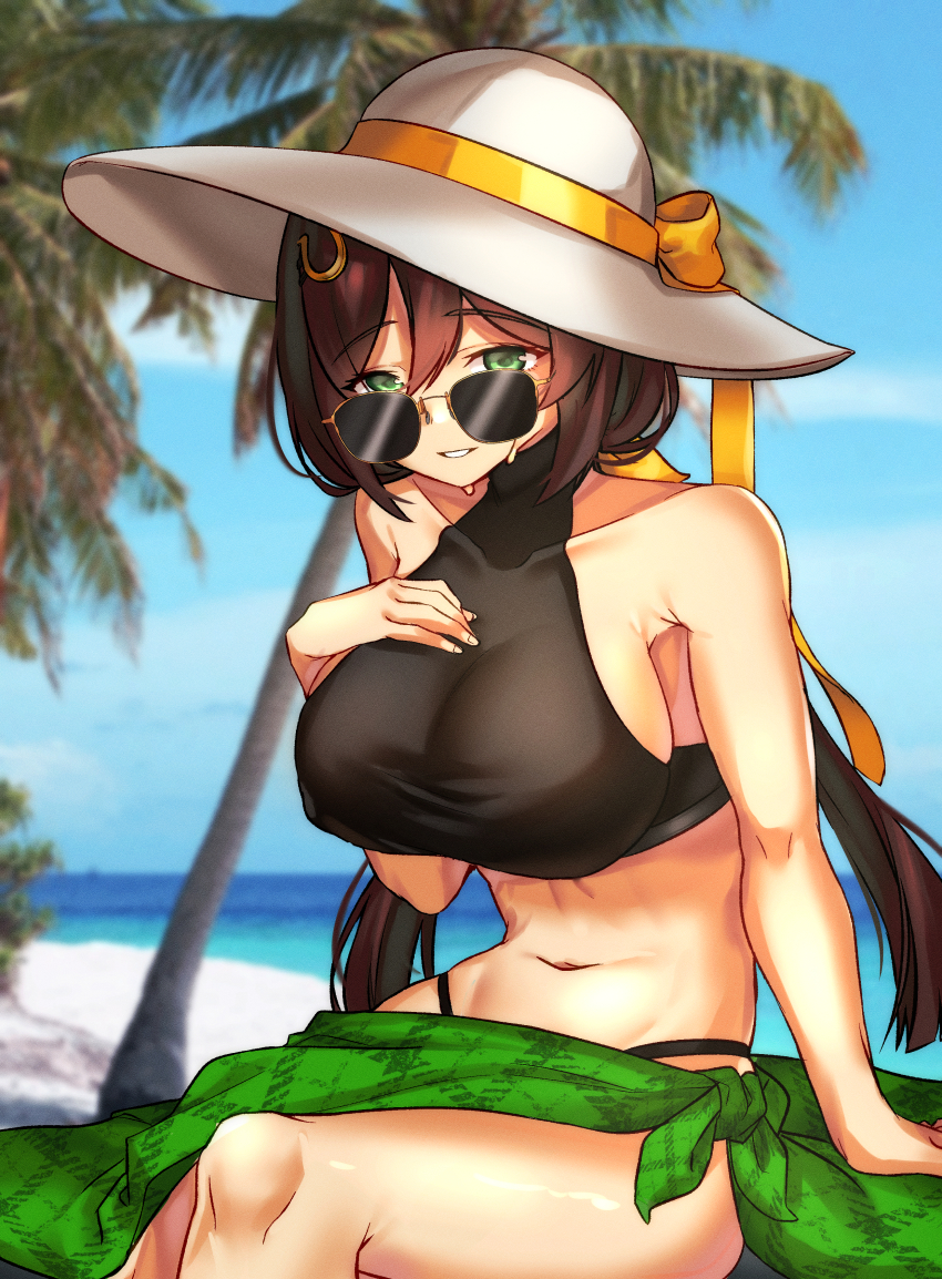 1girl, absurdres, alternate_costume, bare_shoulders, beach, bikini, black_bikini, blurry