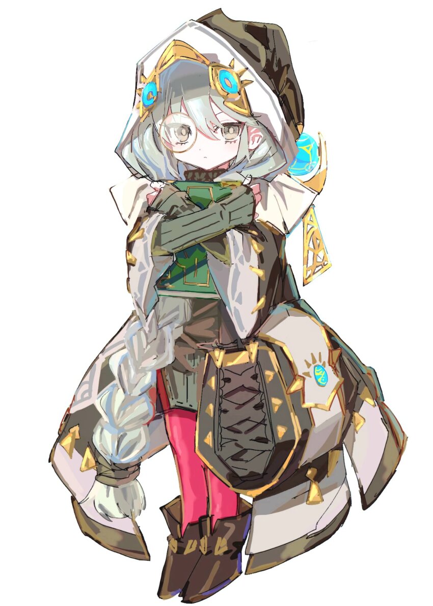 1girl, astellar_of_the_white_forest, bag, black_coat, black_sweater, book, boots, braid, brown_boots, coat, diabellstar_the_black_witch, dress, duel_monster, grey_eyes, grey_hair, highres, holding, holding_book, hood, hood_up, hooded_coat, long_hair, looking_at_viewer, marittakari, monocle, pantyhose, red_pantyhose, simple_background, solo, sweater, sweater_dress, twin_braids, very_long_hair, white_background, yu-gi-oh!