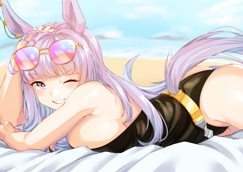 1girl, animal_ears, bare_shoulders, black_one-piece_swimsuit, blue_sky, blush, breasts, cleavage