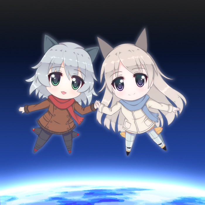 2girls, animal_ears, bad_id, bad_pixiv_id, black_eyes, cat_ears, chibi, coat